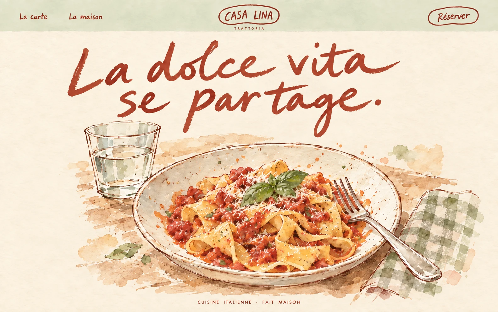 Accueil de Casa Lina : lettrage manuscrit terracotta sur papier crème, pâtes illustrées à l’aquarelle et touches de vert sauge pastel.
