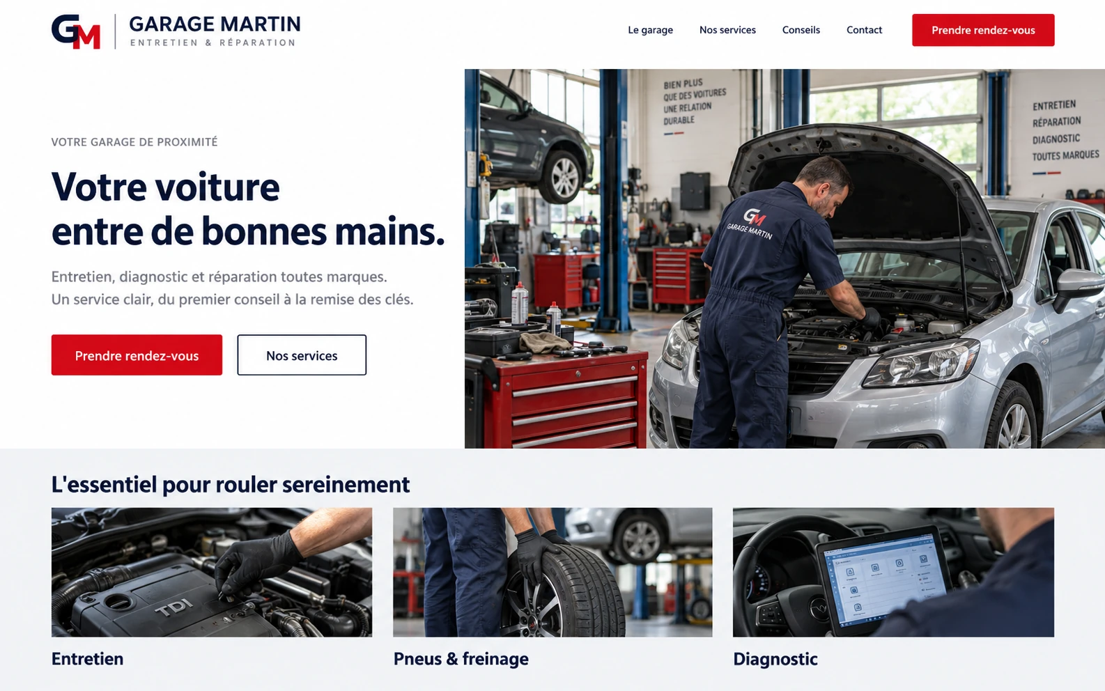 Accueil de Garage Martin : site classique blanc, bleu marine et rouge, photographie de l’atelier et services automobiles.