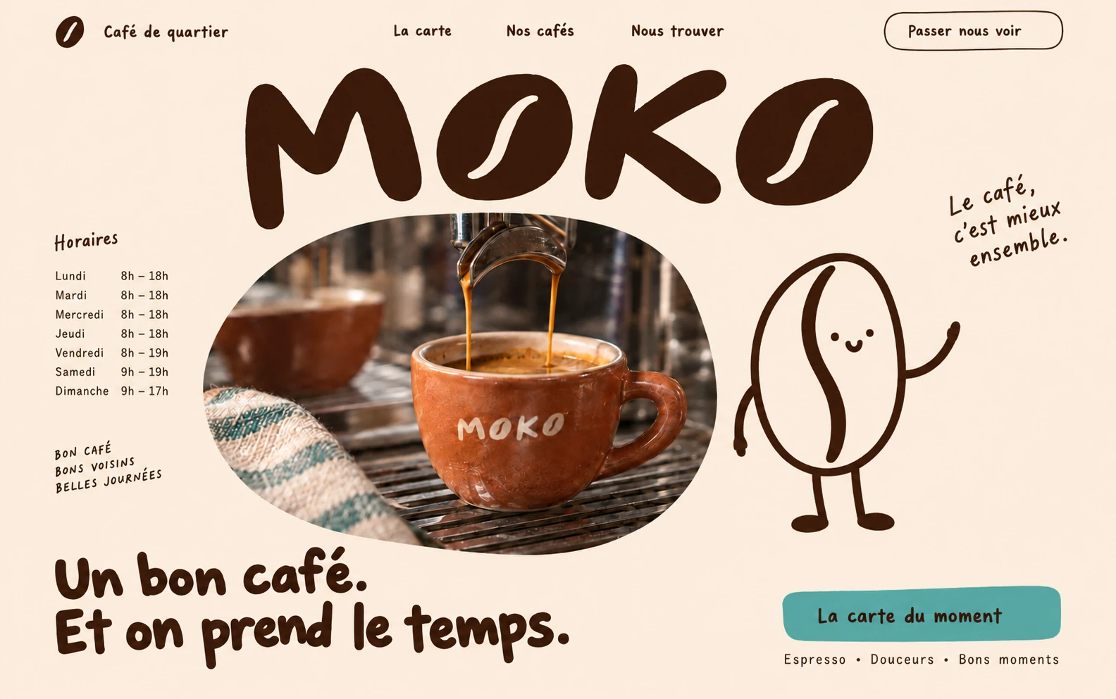 Accueil du café MOKO : logo expressif, mascotte grain de café simplifiée à plat sans ombre et photographie d’un espresso.