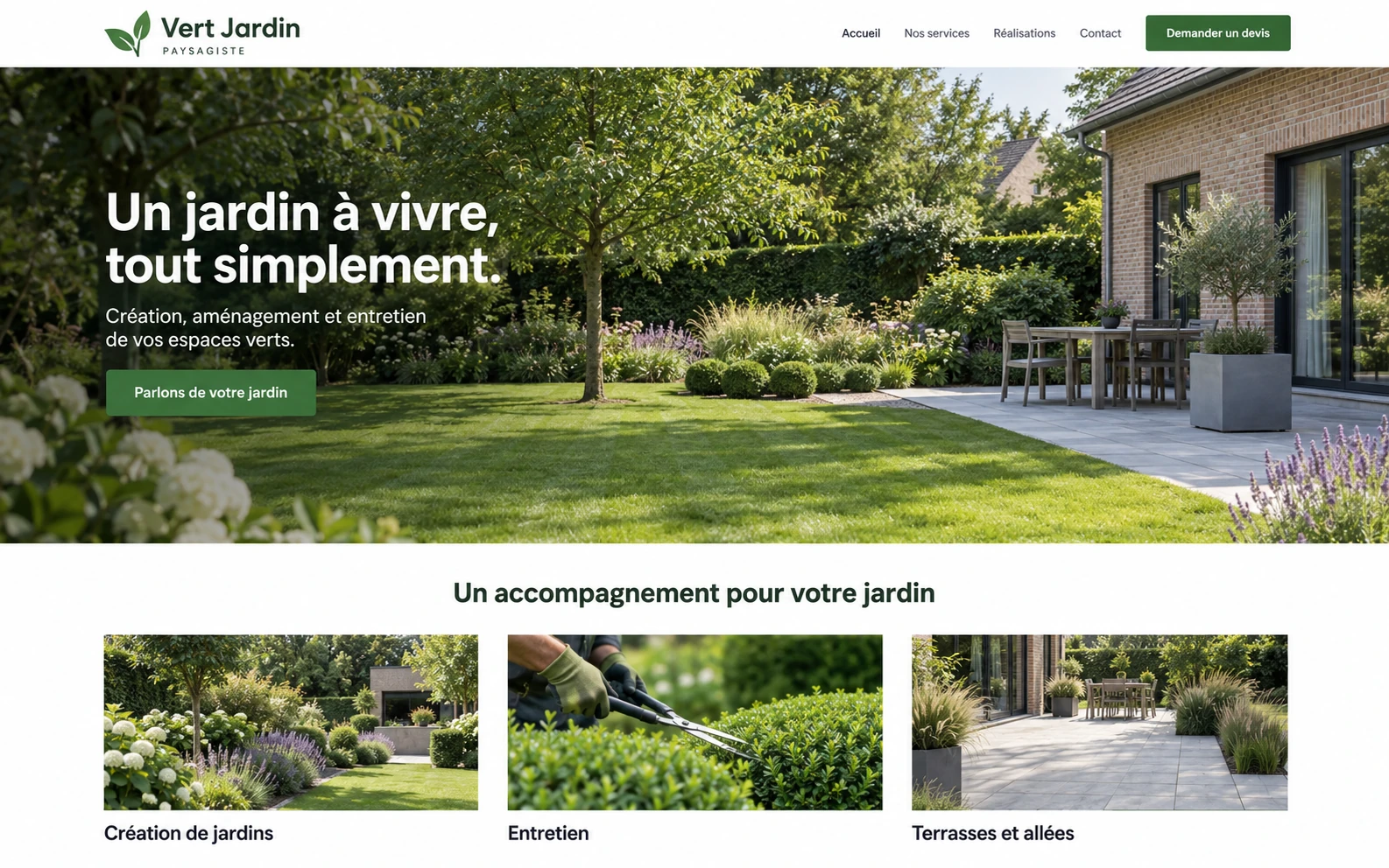 Accueil de Vert Jardin : site classique de paysagiste, jardin en grande photographie et services sur fond blanc.